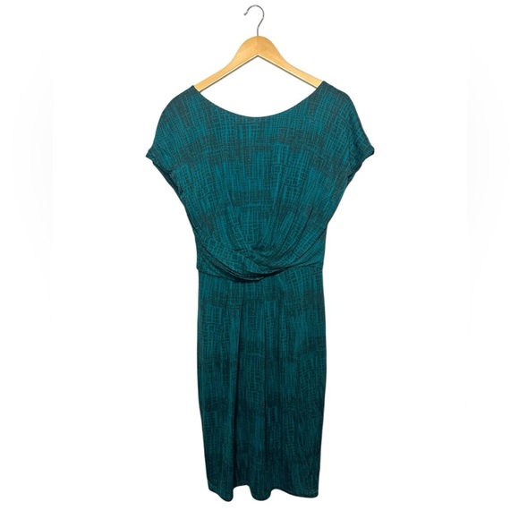 MaxMara Dresses & Skirts - Max Mara | Knee Length Dress | Teal Black Print Slinky Ruched Waist Dress | Sz 8